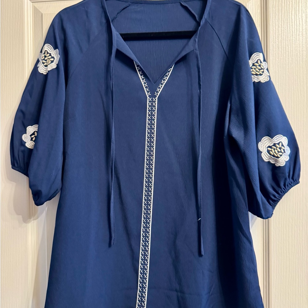 Chic Navy Women's Blouse with Embroidery